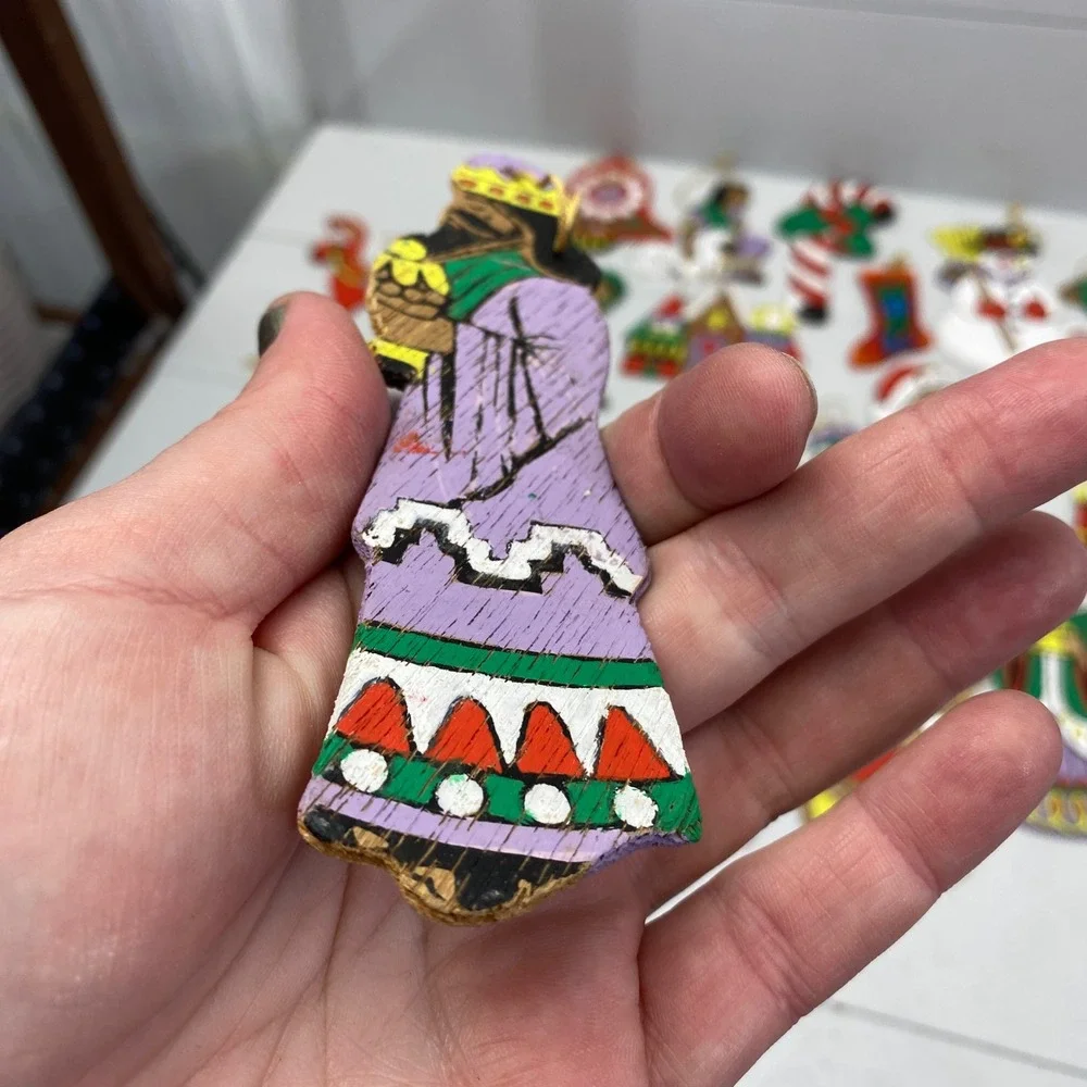 Vintage Wooden Christmas Ornaments Lot 28 Hand Painted Folk Art Mixed Christian